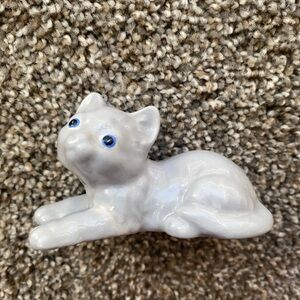 Vintage Glossy Ceramic Cat Figurine with Blue Eyes
